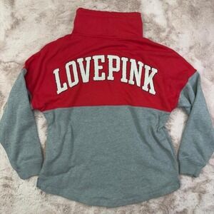 VS PINK Colorblock "Love Pink" Pullover, varsity style, spring sweater